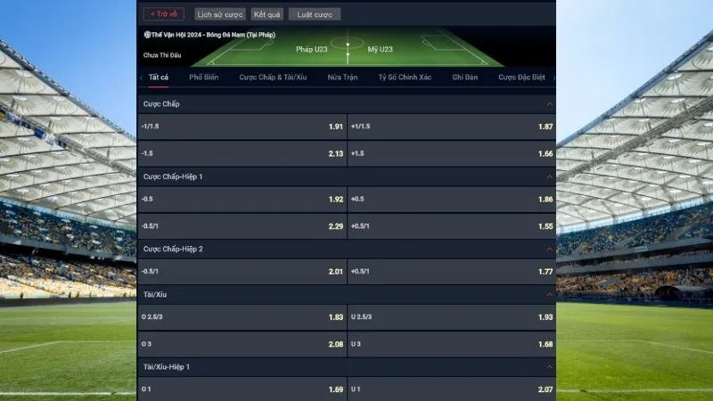 Bảng tỷ lệ kèo Pháp vs Mỹ 02h00 ngày 25/7/2024